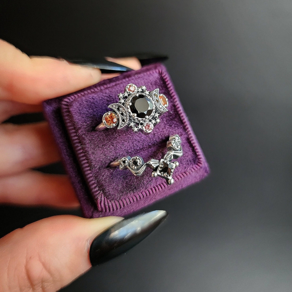 Silver Black Stone Celestial Ring Set - Women's Fashion